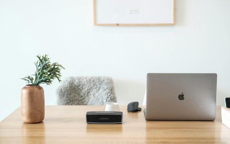 Home office desk used for organizing and protecting digital work