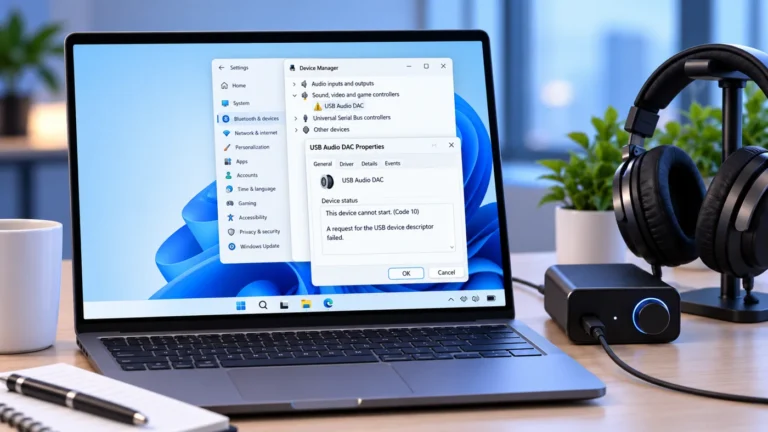 Windows 11 Device Manager showing a USB audio Code 10 error beside headphones and a USB audio interface